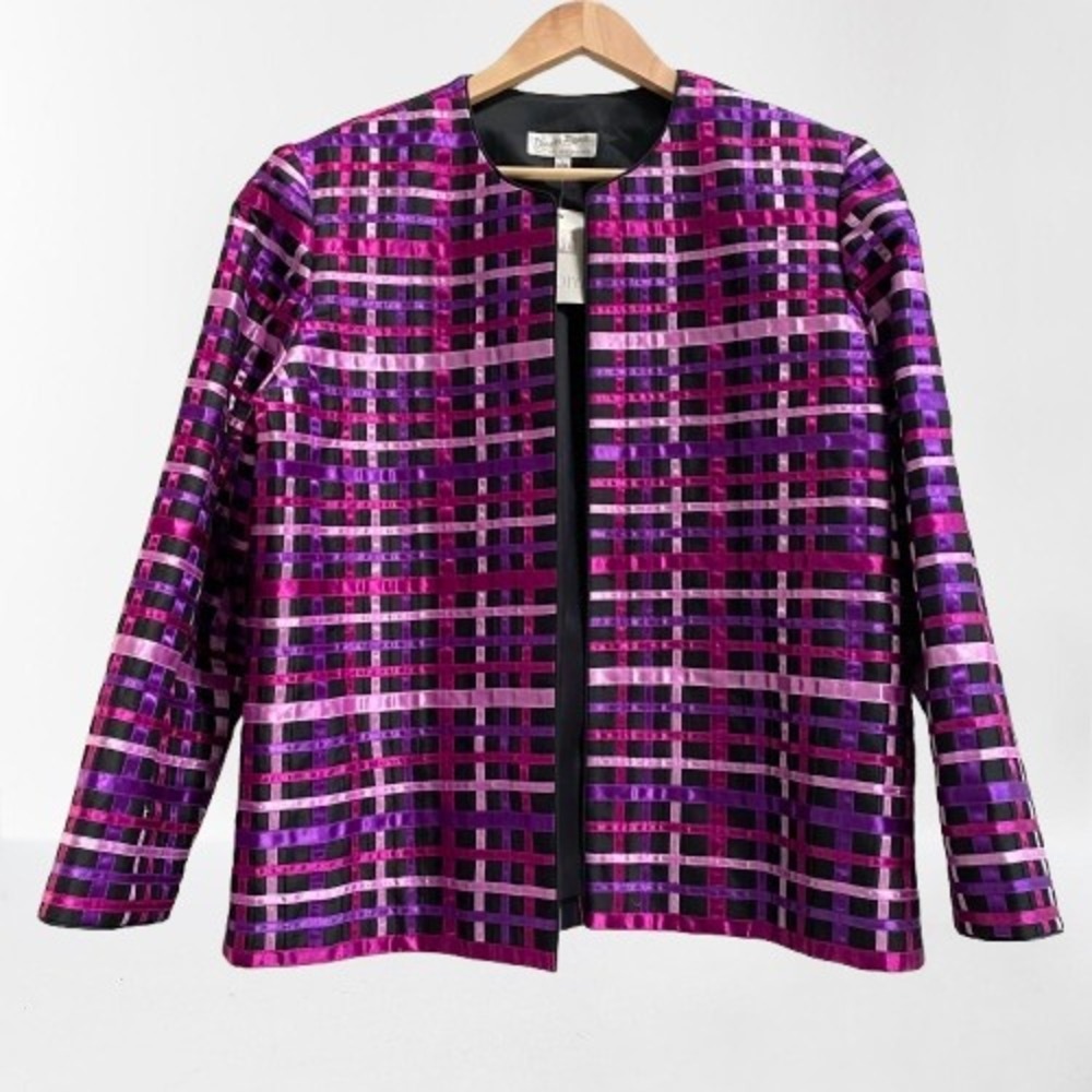 NEW Vintage Denver Pippin 100% Silk Jacket Purple Pink Ribbon Weave 90s XXL